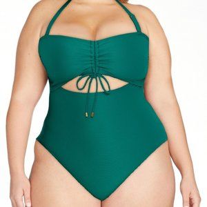 NWT Time and Tru Size 2X (20W-22W) Ribbed Cutout One Piece Swimsuit in Green Gem